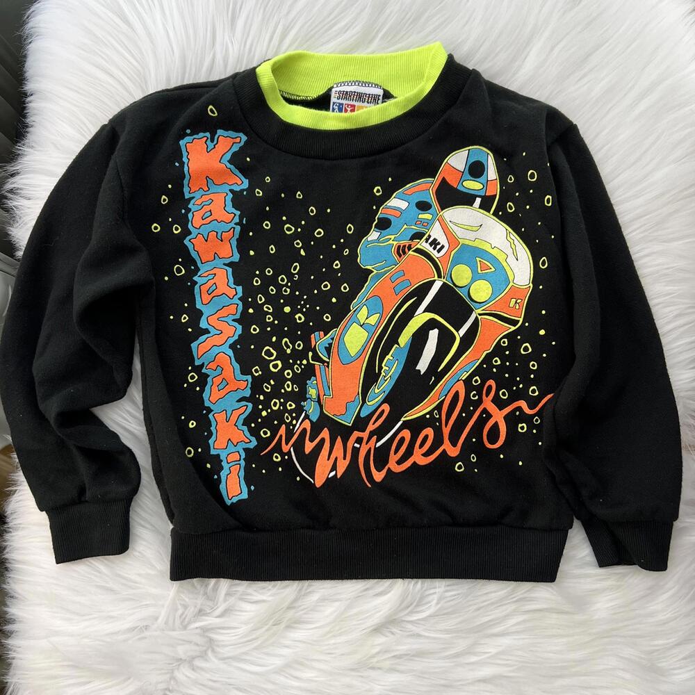 Vintage Andover Togs Starting Line Kawasaki Black neon crewneck sweatshirt, 5